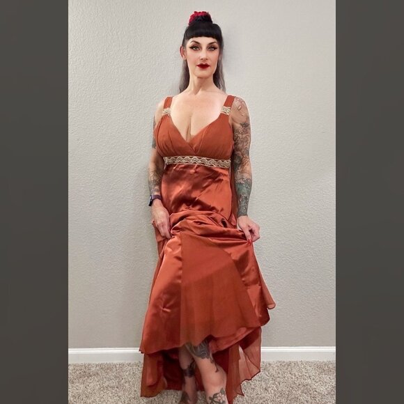 90s Vintage Bronze Silk Chiffon Halter Dress Art Deco Formal Maxi Retro 30s 10 - Picture 1 of 10